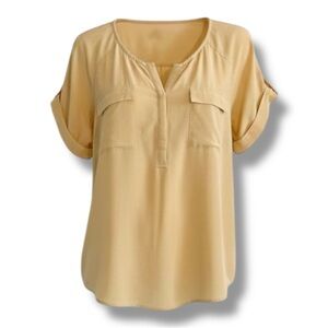 Joie 100% Silk Short Sleeve Safari Style 1/2 Button Blouse Size Medium